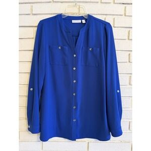 Susan Graver Stretch Woven Button Front Long Sleeve Shirt~Blue Size 2‎
